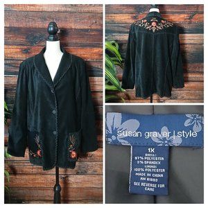Susan Graver Vintage Blazer 1X Black Velvet Floral Embroidered